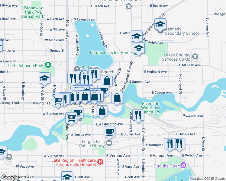 map of restaurants, bars, coffee shops, grocery stores, and more near 219 North Whitford Street in Fergus Falls