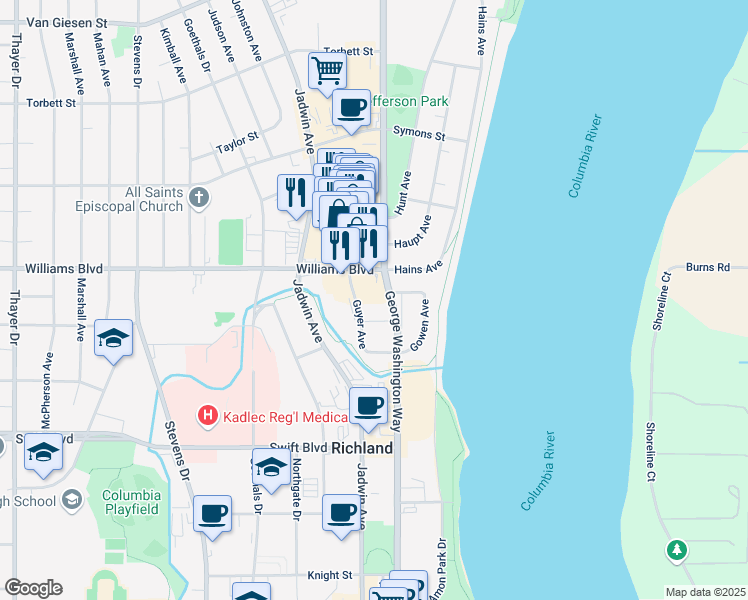map of restaurants, bars, coffee shops, grocery stores, and more near in Richland