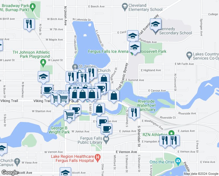 map of restaurants, bars, coffee shops, grocery stores, and more near in Fergus Falls