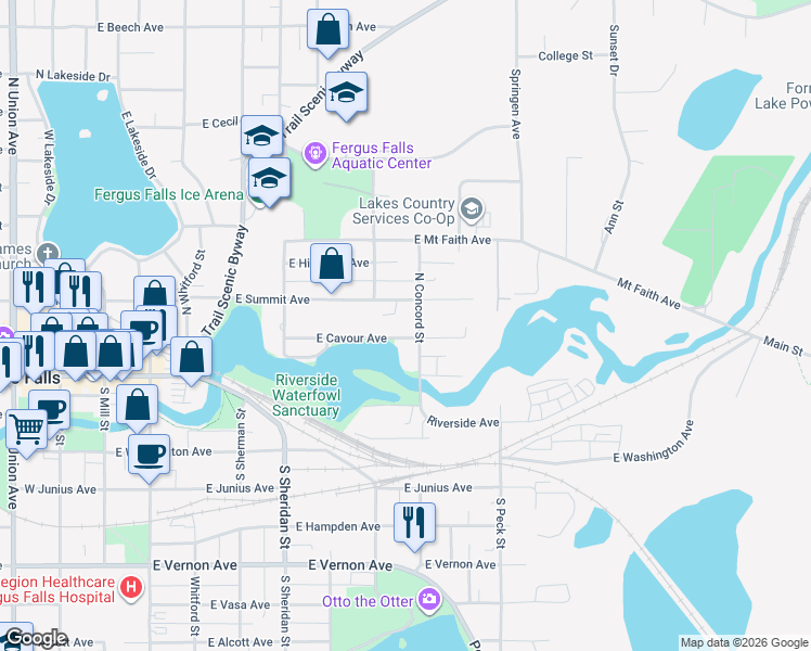 map of restaurants, bars, coffee shops, grocery stores, and more near 810 East Summit Avenue in Fergus Falls