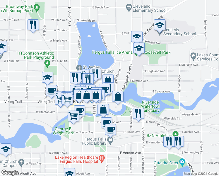 map of restaurants, bars, coffee shops, grocery stores, and more near in Fergus Falls