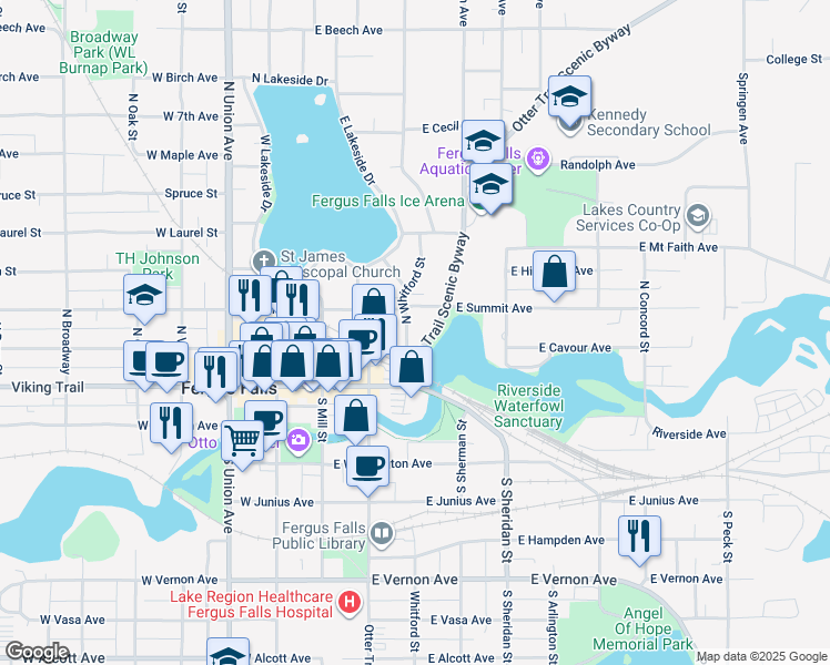 map of restaurants, bars, coffee shops, grocery stores, and more near 222 North Whitford Street in Fergus Falls