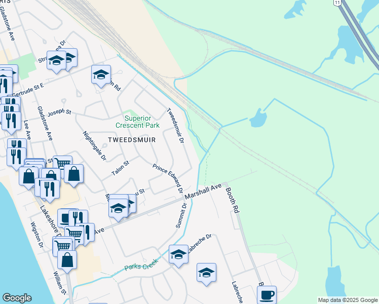 map of restaurants, bars, coffee shops, grocery stores, and more near 116 Tweedsmuir Drive in North Bay