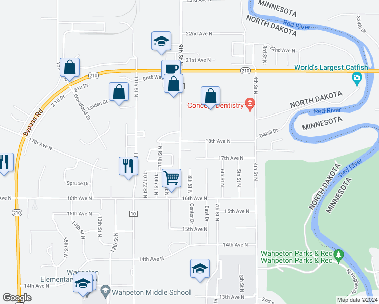 map of restaurants, bars, coffee shops, grocery stores, and more near 1706 9th Street North in Wahpeton