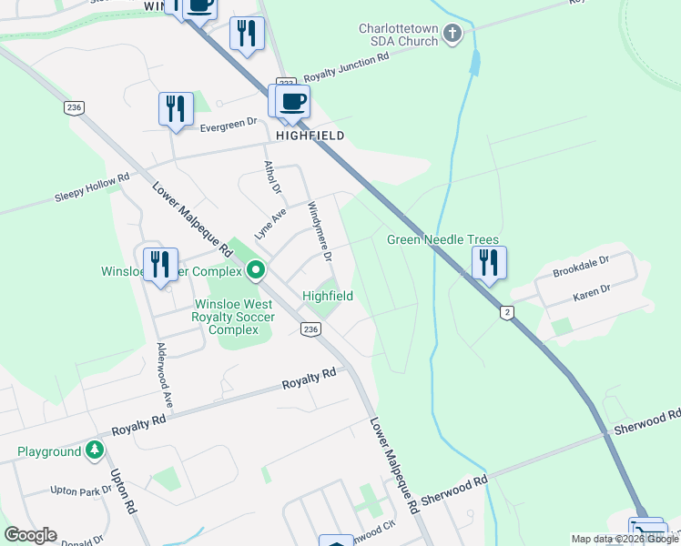 map of restaurants, bars, coffee shops, grocery stores, and more near 101 Windymere Drive in Charlottetown