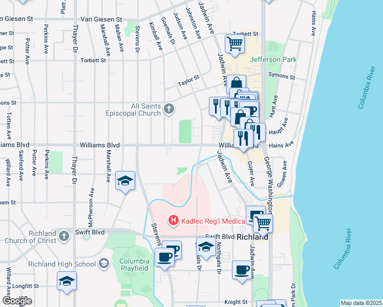 map of restaurants, bars, coffee shops, grocery stores, and more near 601 Williams Boulevard in Richland