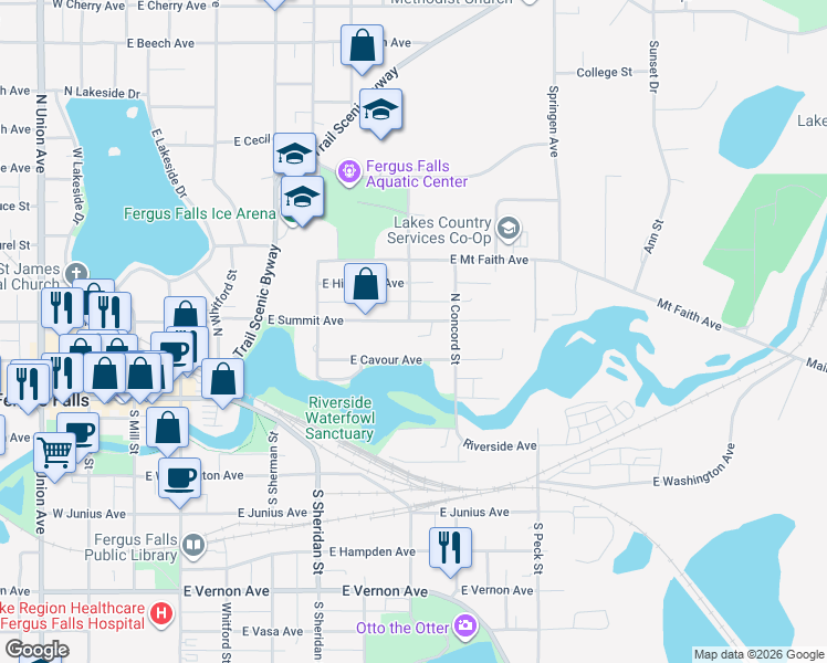 map of restaurants, bars, coffee shops, grocery stores, and more near 810 East Summit Avenue in Fergus Falls