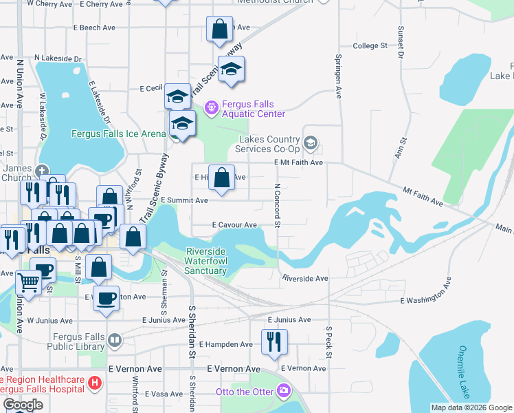 map of restaurants, bars, coffee shops, grocery stores, and more near 820 East Summit Avenue in Fergus Falls