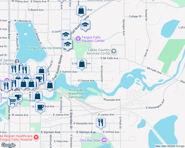 map of restaurants, bars, coffee shops, grocery stores, and more near 810 East Summit Avenue in Fergus Falls