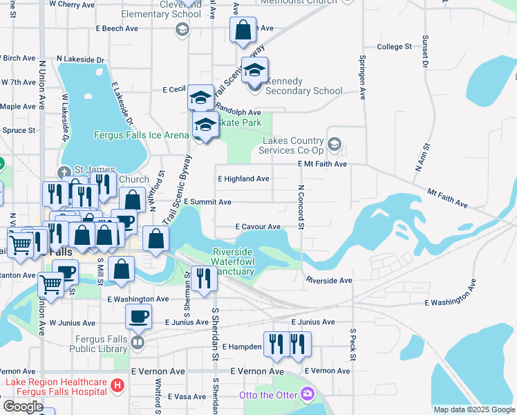 map of restaurants, bars, coffee shops, grocery stores, and more near 714 East Summit Avenue in Fergus Falls