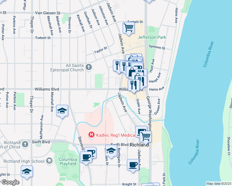 map of restaurants, bars, coffee shops, grocery stores, and more near 421 Williams Boulevard in Richland