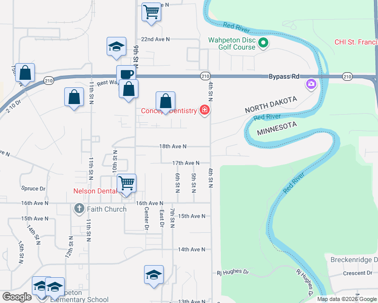 map of restaurants, bars, coffee shops, grocery stores, and more near 401-699 18th Avenue North in Wahpeton