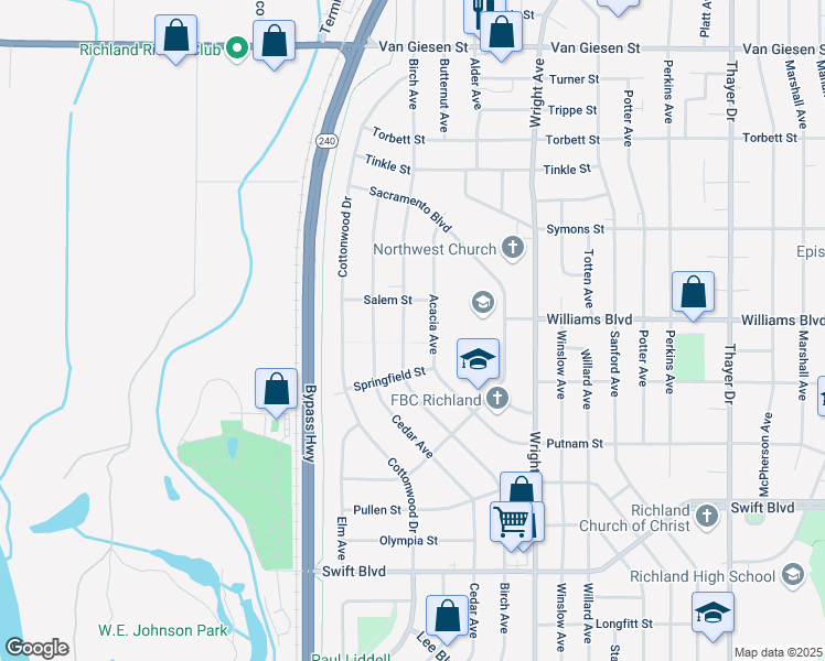 map of restaurants, bars, coffee shops, grocery stores, and more near 1210 Birch Avenue in Richland