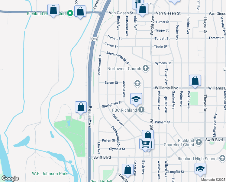 map of restaurants, bars, coffee shops, grocery stores, and more near 1210 Birch Avenue in Richland