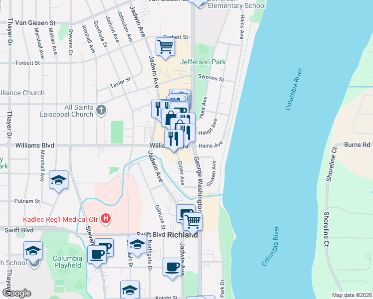 map of restaurants, bars, coffee shops, grocery stores, and more near 1275 George Washington Way in Richland