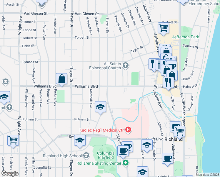 map of restaurants, bars, coffee shops, grocery stores, and more near in Richland