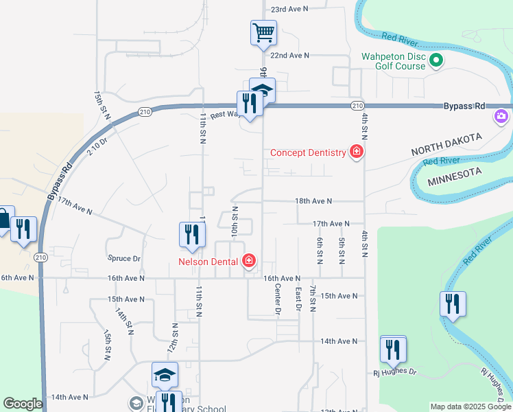 map of restaurants, bars, coffee shops, grocery stores, and more near 901 18th Avenue North in Wahpeton
