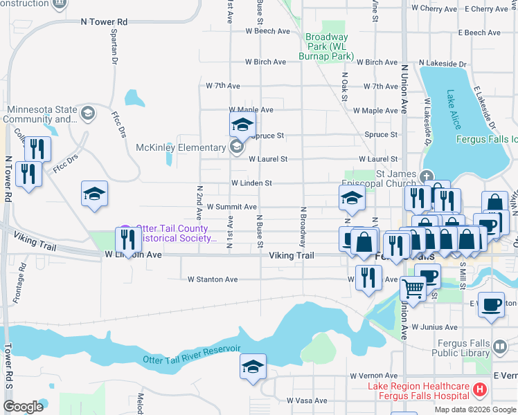 map of restaurants, bars, coffee shops, grocery stores, and more near 701 West Summit Avenue in Fergus Falls