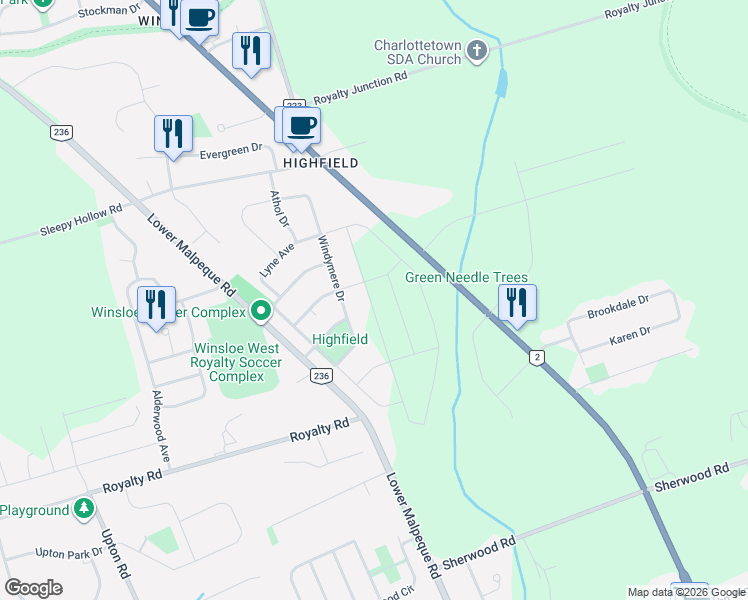 map of restaurants, bars, coffee shops, grocery stores, and more near 97 Windymere Drive in Charlottetown