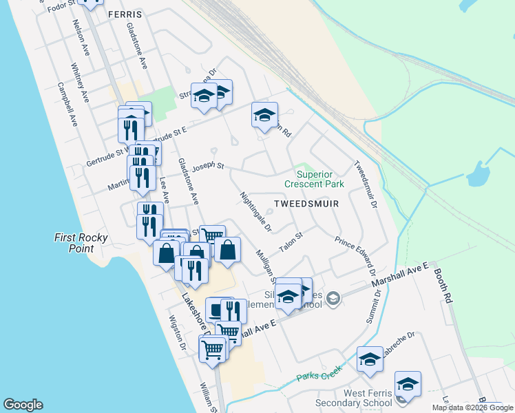 map of restaurants, bars, coffee shops, grocery stores, and more near 22 Nightingale Drive in North Bay