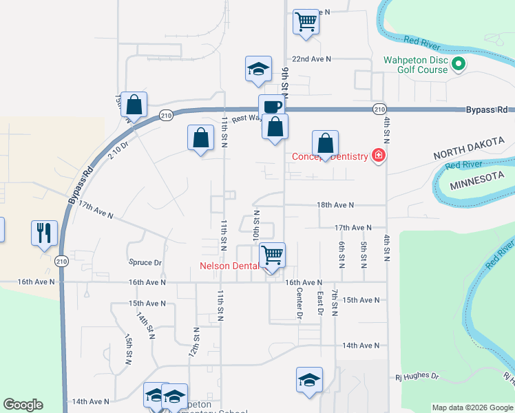 map of restaurants, bars, coffee shops, grocery stores, and more near 1816 18th Avenue North in Wahpeton