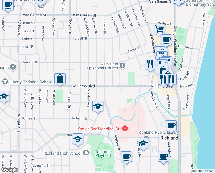 map of restaurants, bars, coffee shops, grocery stores, and more near in Richland