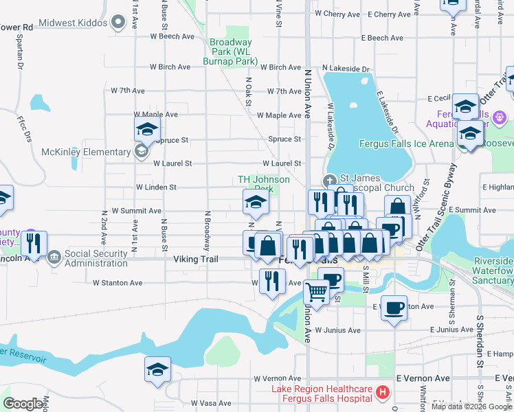 map of restaurants, bars, coffee shops, grocery stores, and more near 422 West Summit Avenue in Fergus Falls