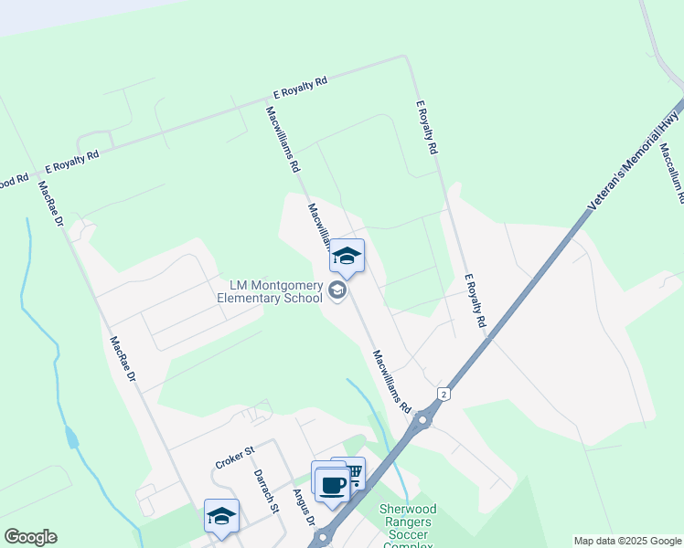 map of restaurants, bars, coffee shops, grocery stores, and more near Macwilliams Road in Charlottetown