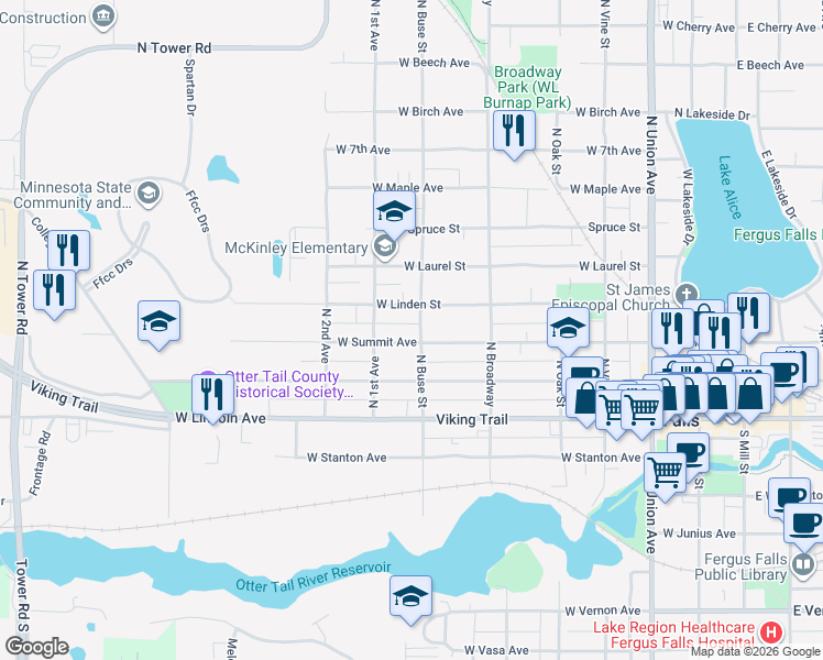 map of restaurants, bars, coffee shops, grocery stores, and more near 701 West Summit Avenue in Fergus Falls