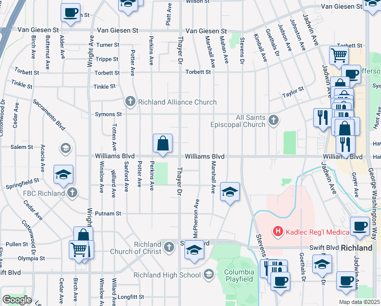 map of restaurants, bars, coffee shops, grocery stores, and more near 1310 Williams Boulevard in Richland