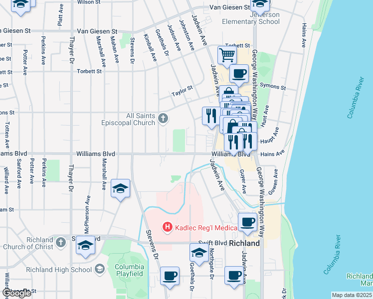 map of restaurants, bars, coffee shops, grocery stores, and more near 601 Williams Boulevard in Richland