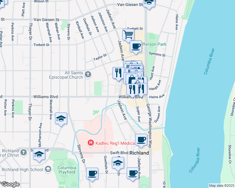 map of restaurants, bars, coffee shops, grocery stores, and more near 421 Williams Boulevard in Richland