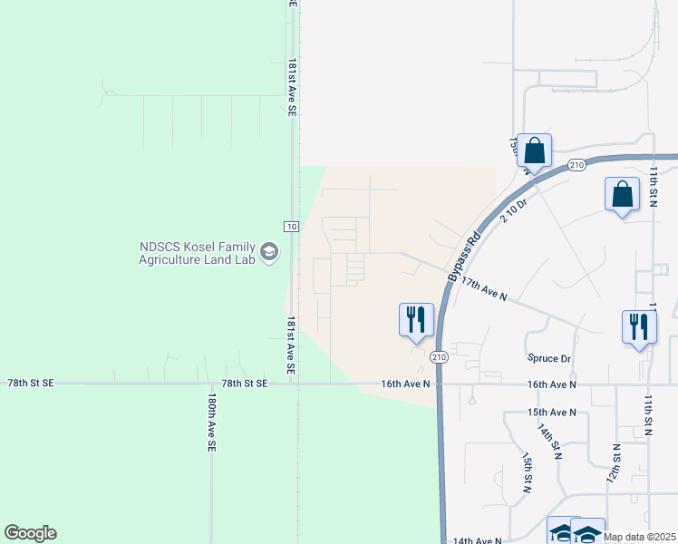 map of restaurants, bars, coffee shops, grocery stores, and more near 1891 17th Avenue North in Wahpeton