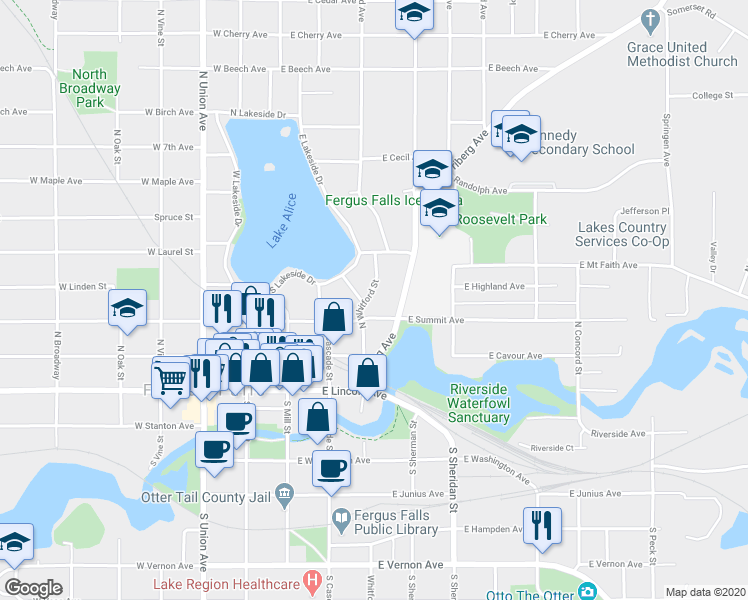 map of restaurants, bars, coffee shops, grocery stores, and more near 314 North Whitford Street in Fergus Falls