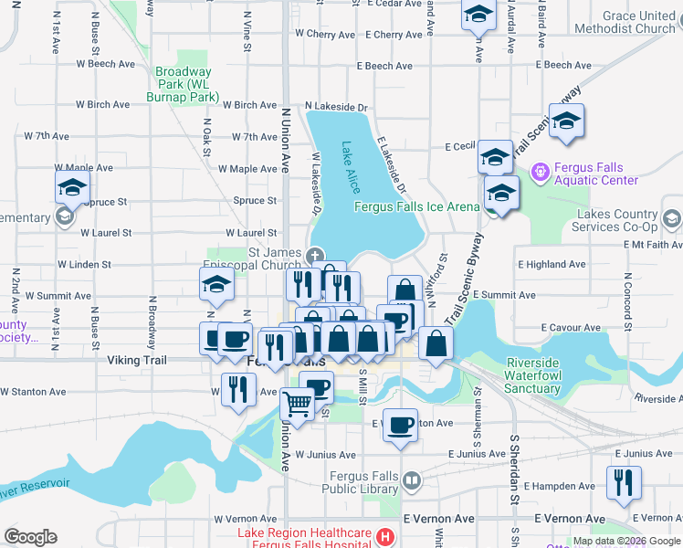 map of restaurants, bars, coffee shops, grocery stores, and more near 104 South Lakeside Drive in Fergus Falls