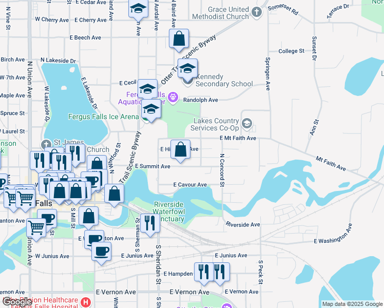 map of restaurants, bars, coffee shops, grocery stores, and more near 718 East Mount Faith Avenue in Fergus Falls