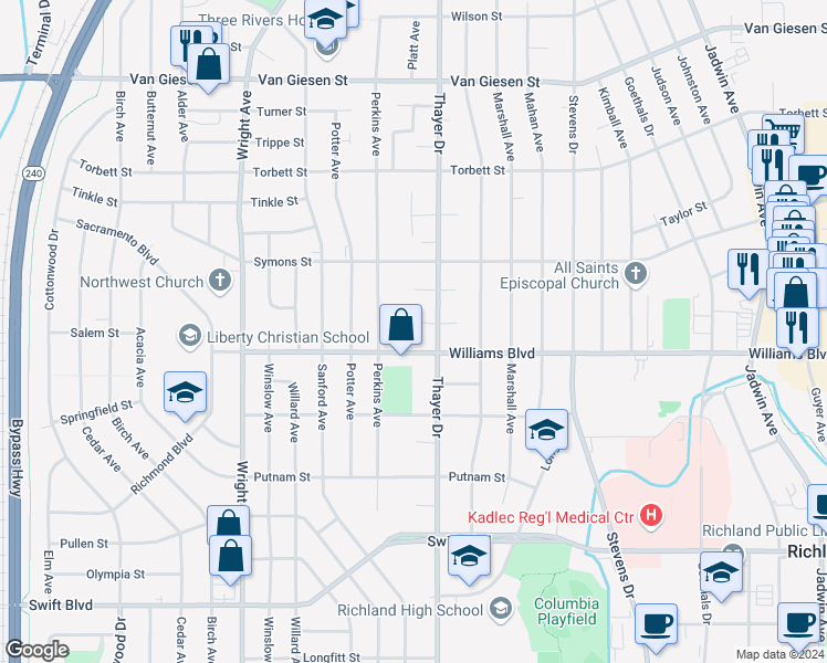 map of restaurants, bars, coffee shops, grocery stores, and more near 1409 Merrill Court in Richland