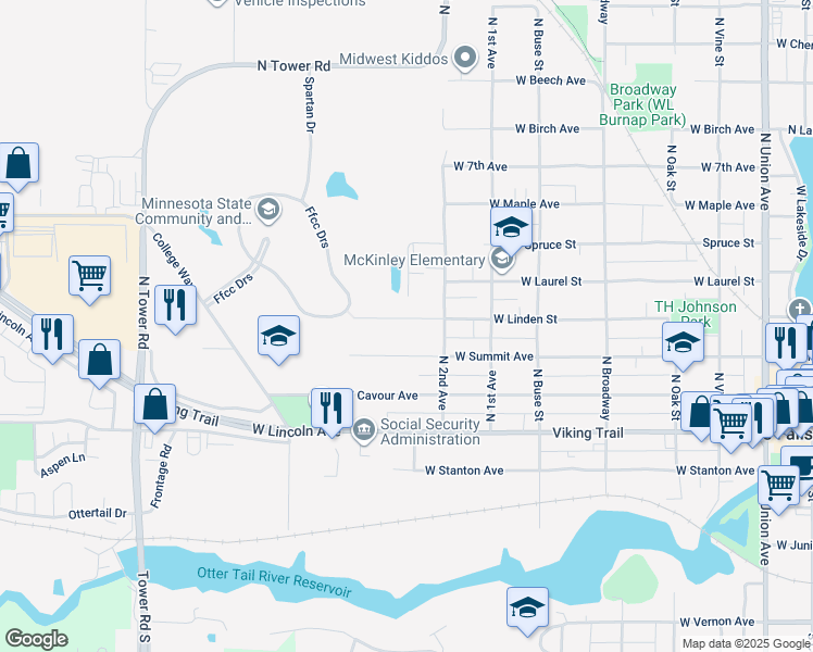 map of restaurants, bars, coffee shops, grocery stores, and more near 932 West Linden Street in Fergus Falls