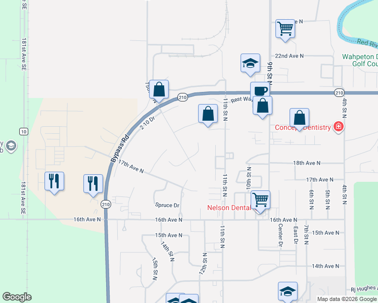 map of restaurants, bars, coffee shops, grocery stores, and more near 1954 Woodland Drive in Wahpeton