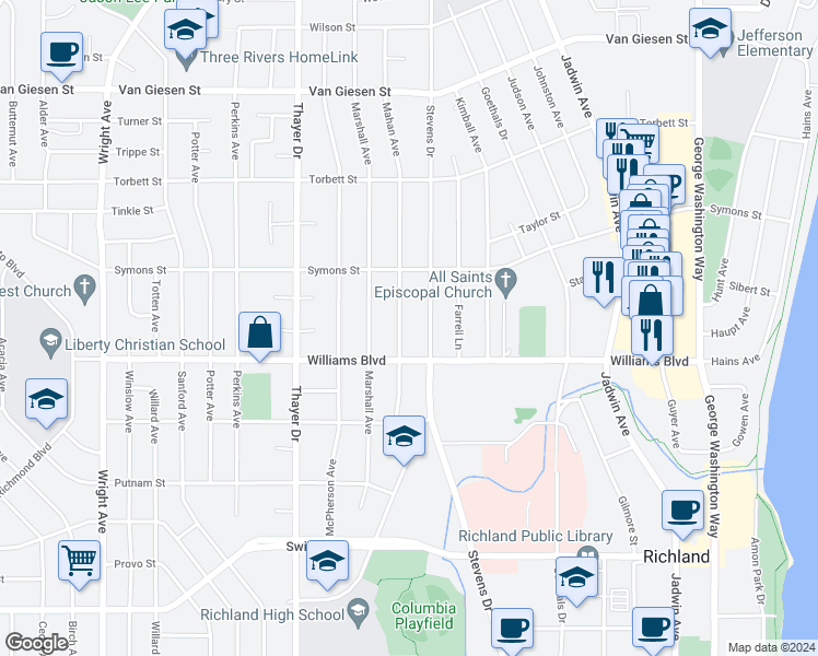 map of restaurants, bars, coffee shops, grocery stores, and more near 1316 Mahan Avenue in Richland