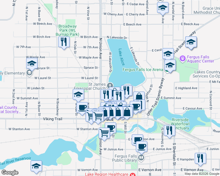 map of restaurants, bars, coffee shops, grocery stores, and more near 104 South Lakeside Drive in Fergus Falls