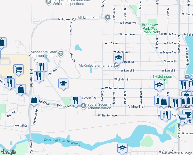 map of restaurants, bars, coffee shops, grocery stores, and more near 932 West Linden Street in Fergus Falls