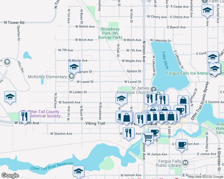 map of restaurants, bars, coffee shops, grocery stores, and more near 526 West Linden Street in Fergus Falls