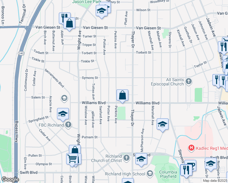 map of restaurants, bars, coffee shops, grocery stores, and more near 1315 Perkins Avenue in Richland