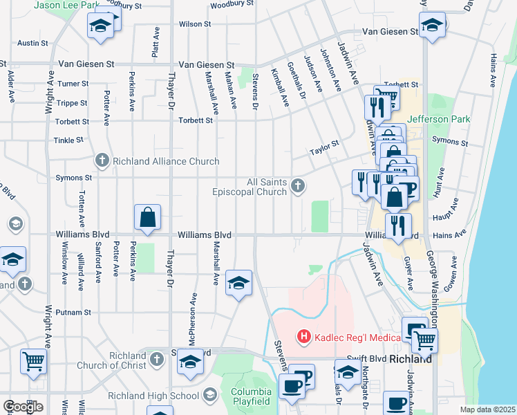 map of restaurants, bars, coffee shops, grocery stores, and more near 1314 Stevens Drive in Richland