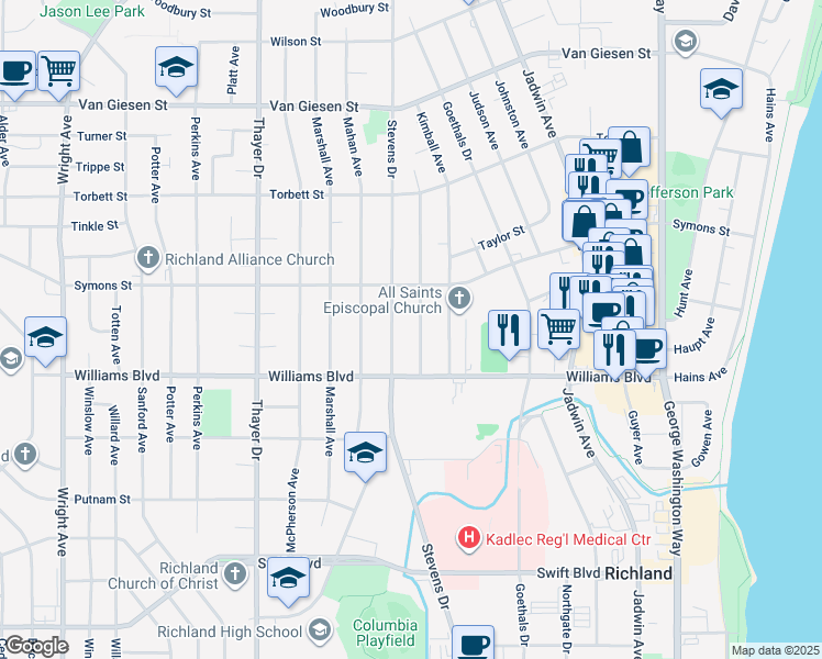 map of restaurants, bars, coffee shops, grocery stores, and more near 1314 Stevens in Richland