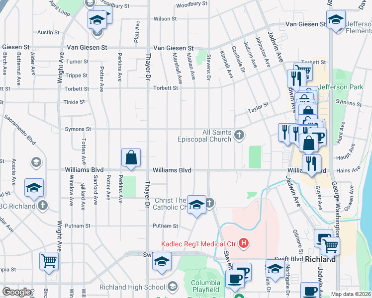map of restaurants, bars, coffee shops, grocery stores, and more near 1319 Marshall Avenue in Richland