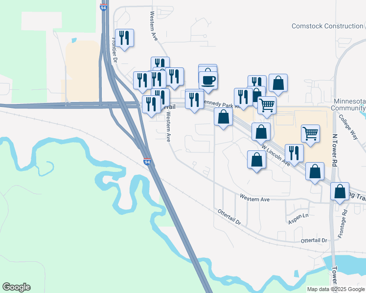 map of restaurants, bars, coffee shops, grocery stores, and more near 426 Western Avenue in Fergus Falls
