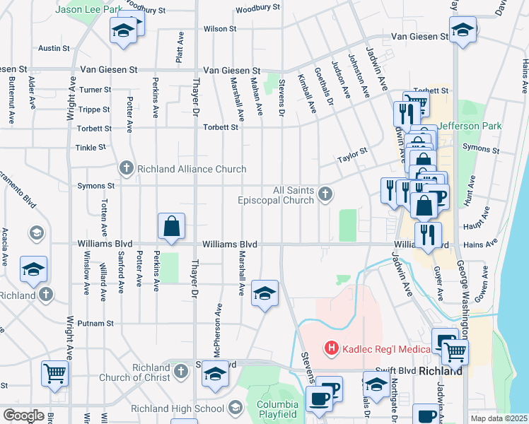 map of restaurants, bars, coffee shops, grocery stores, and more near 1316 Mahan Avenue in Richland