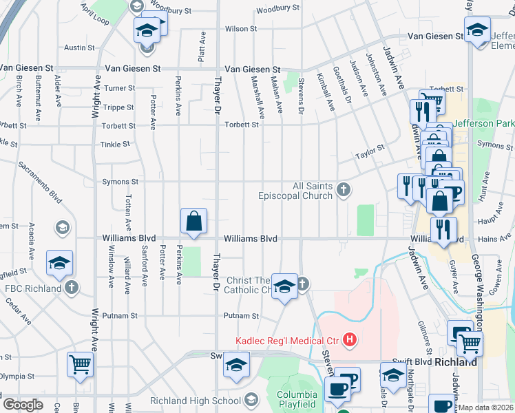 map of restaurants, bars, coffee shops, grocery stores, and more near 1319 Marshall Avenue in Richland